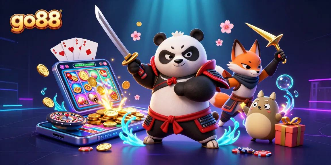 Experience excitement with go88 as the samurai panda battles alongside the ninja fox in a vibrant casino world.