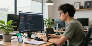 Developer using WhatsApp網頁版 on desktop, showcasing a modern workspace with tech elements.