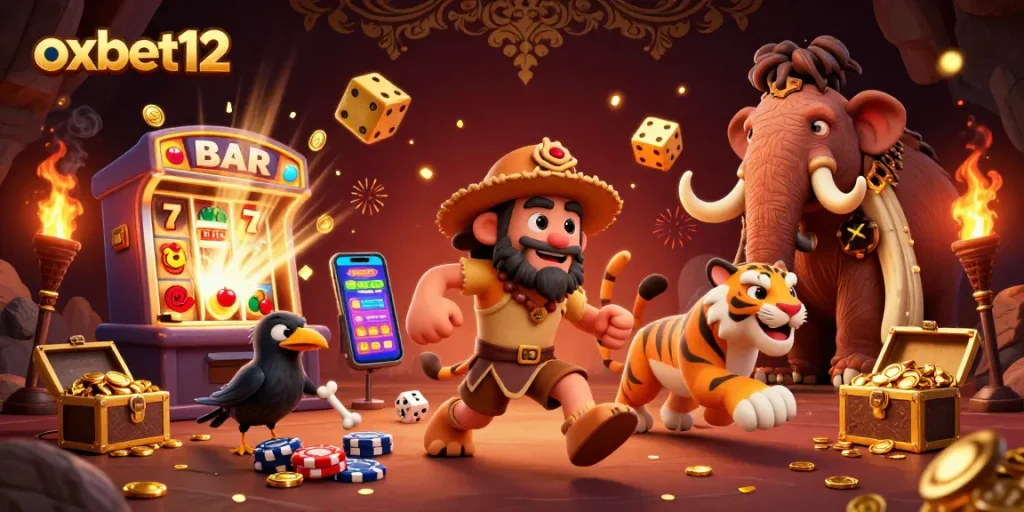 Experience thrilling gameplay with oxbet12 as cartoon characters engage in jackpot excitement with vibrant casino elements.