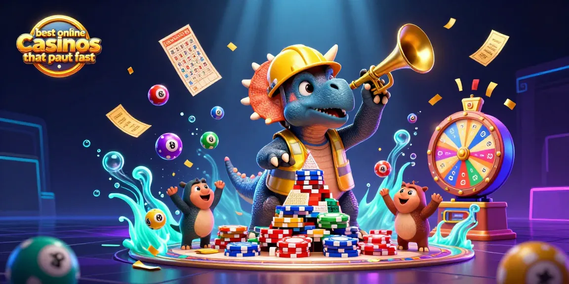 Playing at the best online casinos that payout fast and celebrating wins in a vibrant 3D scene.