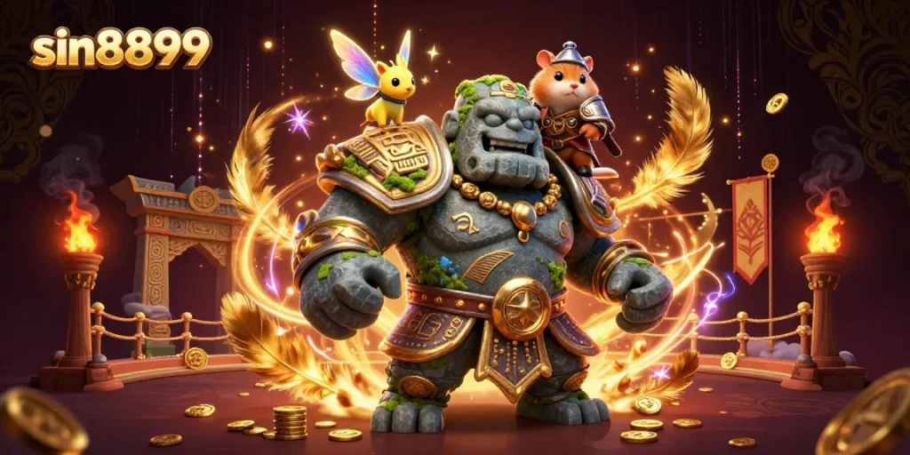 Experience thrilling action at sin8899 with a legendary golem and magical companions in vibrant casino settings.