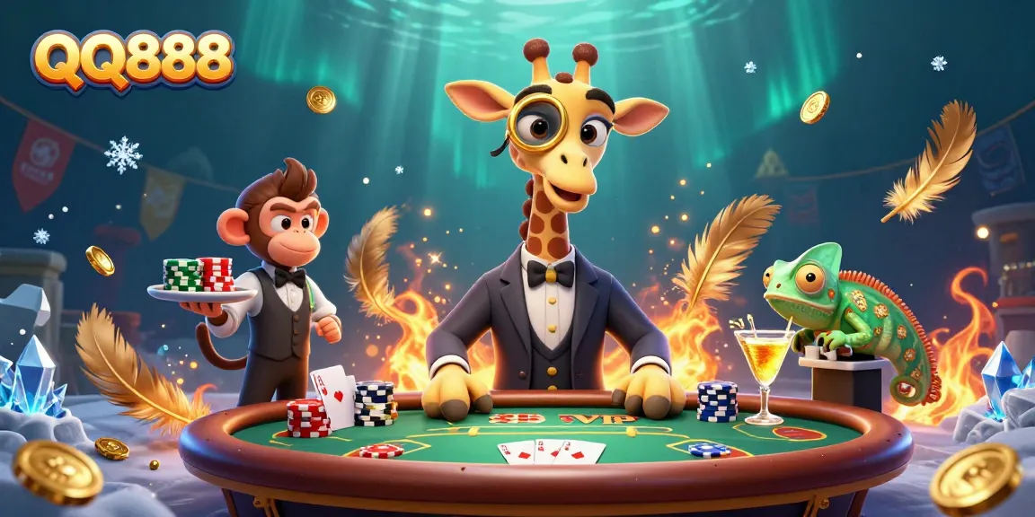 Experience the excitement of QQ888 with a high-roller giraffe and vibrant casino elements.