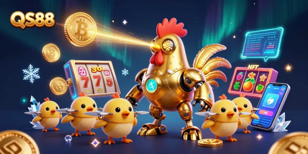 Engage in thrilling action at QS88 with an ultra-detailed 3D cartoon illustration showing a golden rooster robot and flying drones amidst crypto elements.