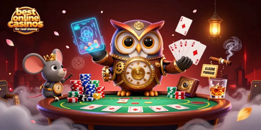 Engaging scene showcasing the best online casinos for real money with a whimsical owl and mouse.